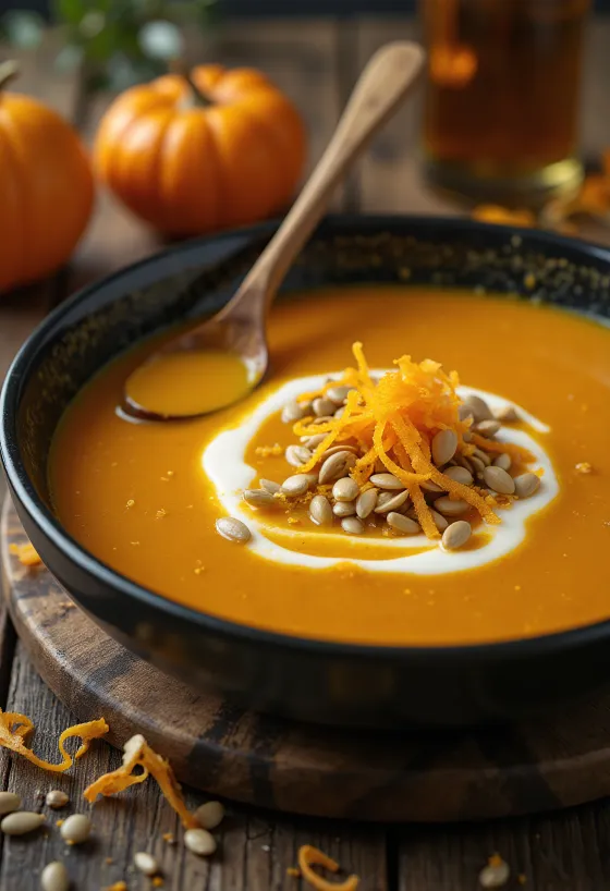 서빙된 오렌지 호박 크림 수프