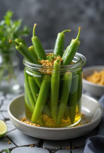 유리병에 담긴 새콤달콤한 오크라 피클