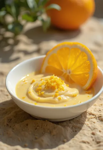 유리 용기에 담긴 오렌지 크림 머스터드 소스, 구운 고기와 함께 서빙됨