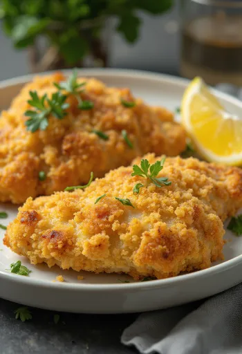 황금빛으로 튀긴 치킨 커틀릿과 샐러드 서빙 모습