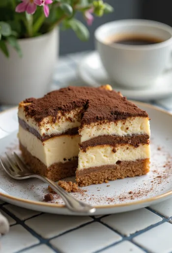 코코아 가루로 장식된 티라미수 치즈케이크