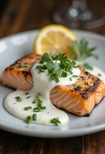 딜 사워크림 소스를 곁들인 구운 연어