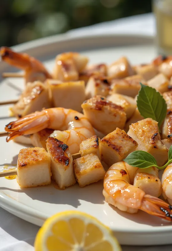 서빙된 그릴드 새우와 치킨