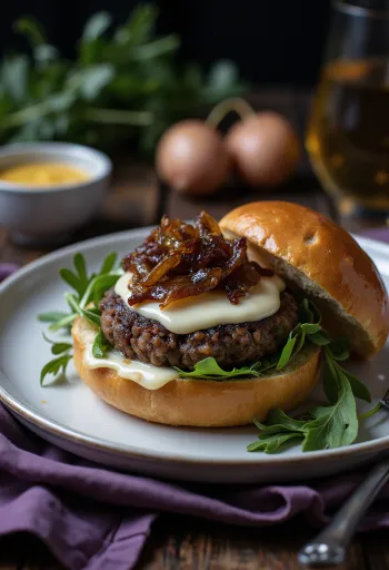 브리 치즈와 디종 머스타드를 곁들인 갓 만든 프렌치 햄버거