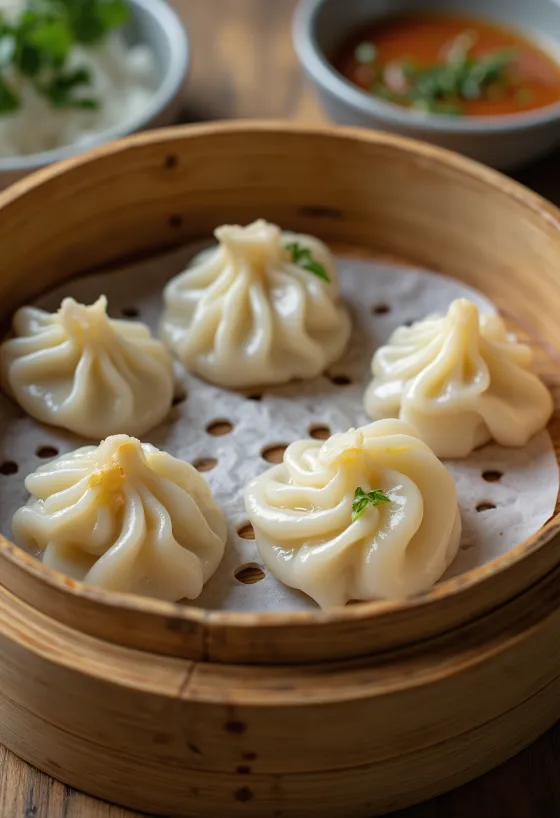 두부로 속을 채운 모모, 찜기에 쪄서 냄