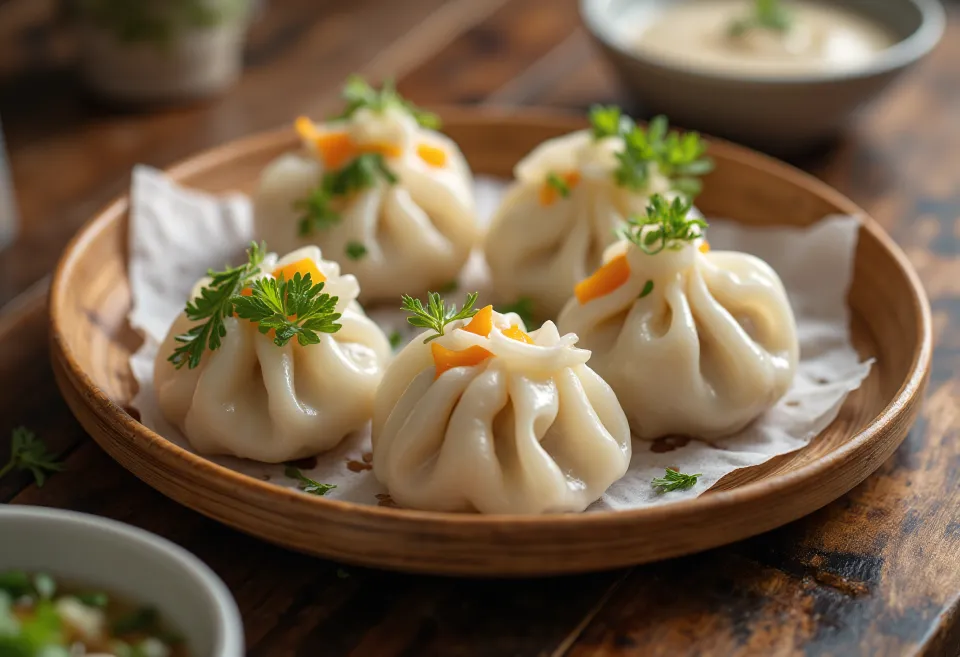 두부로 속을 채운 모모, 찜기에 쪄서 냄