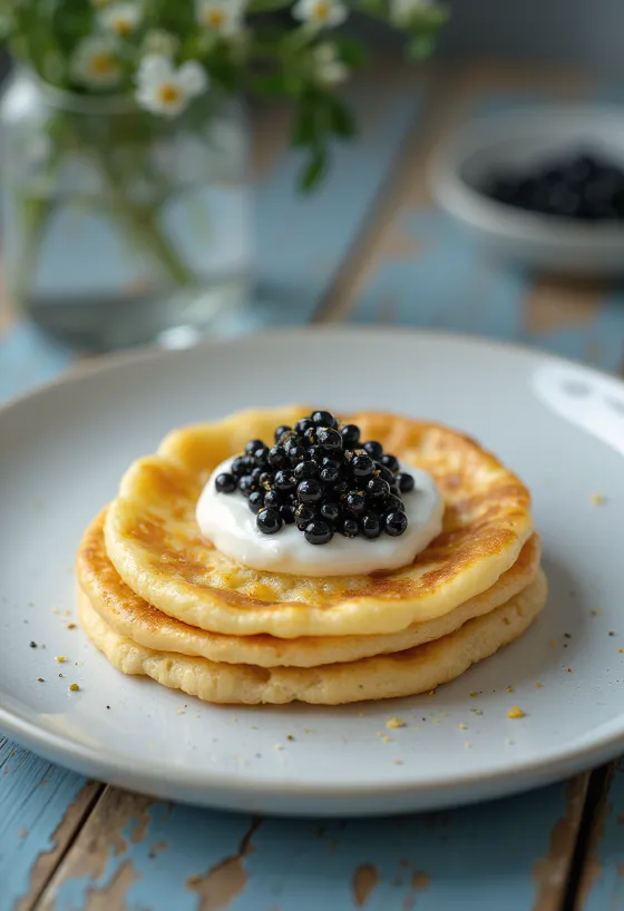 접시에 담긴 러시아 캐비어 블리니