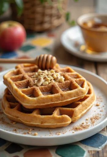 신선한 사과 슬라이스와 시나몬을 곁들인 사과 시나몬 와플