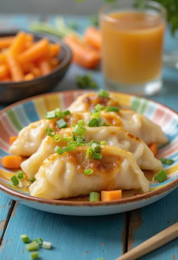 아이들이 좋아하는 스타일로 서빙된 당근 교자, 노릇한 밑면과 간장