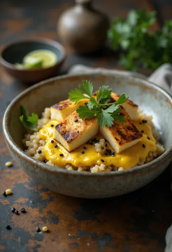 커리 라임 타히니를 곁들인 그릴드 두부 퀴노아