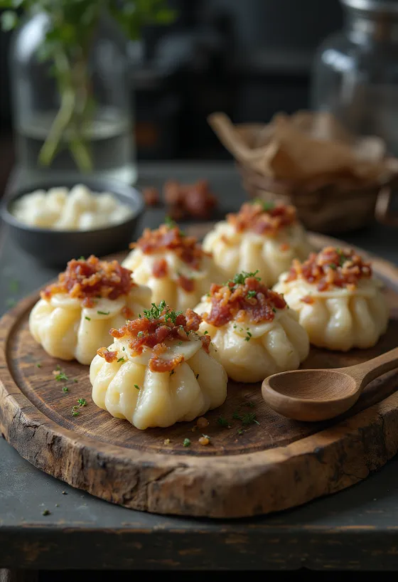 사워크림과 볶은 베이컨을 곁들인 양젖 치즈 스트라파치카.