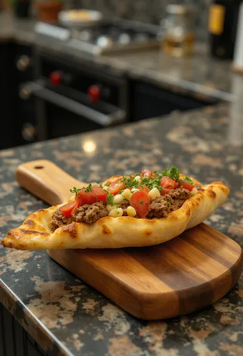 다진 고기와 치즈로 속을 채워 바삭하게 굽고 샐러드를 곁들인 피데 터키식 플랫브레드