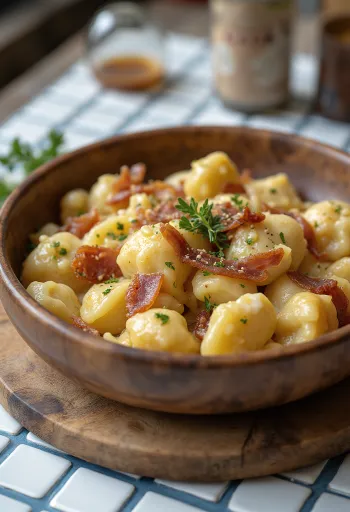 양젖 치즈와 바삭하게 구운 베이컨 큐브를 곁들인 스트라파츠카