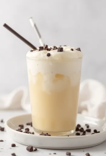 휘핑크림과 초콜릿 가루를 곁들인 크리미한 바닐라 프라페