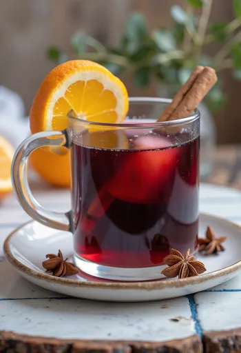 시나몬 스틱과 오렌지 슬라이스로 장식된 머그잔에 담긴 시나몬 스파이시 뱅쇼