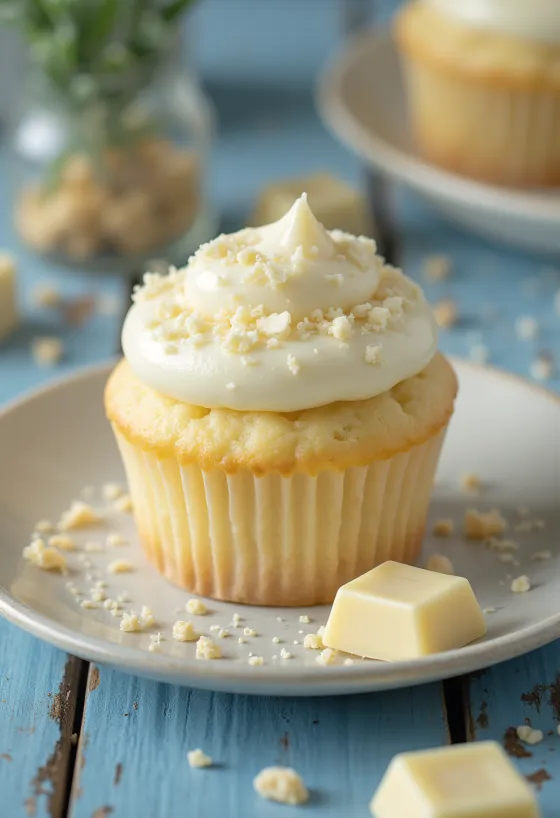 갓 구운 화이트 초콜릿 컵케이크