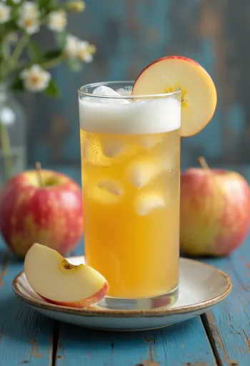 유리잔에 서빙된 갓 짠 사과 주스