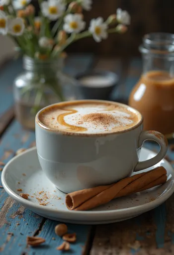 유리잔에 담긴 카라멜 차이 라떼