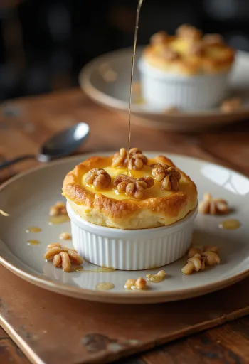 서빙된 꿀 호두 치즈 수플레
