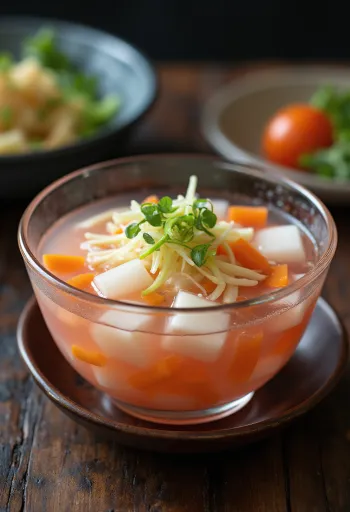 신선한 채소가 들어간 국물 있는 약간 매운 한국식 나박김치