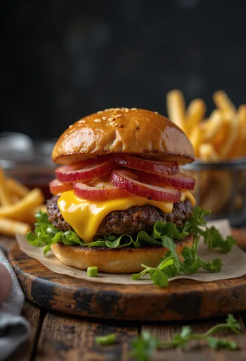 녹인 치즈와 신선한 채소를 곁들인 Bison Burger