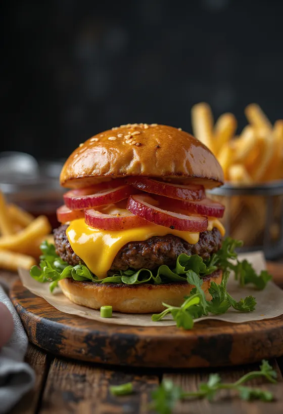 녹인 치즈와 신선한 채소를 곁들인 Bison Burger