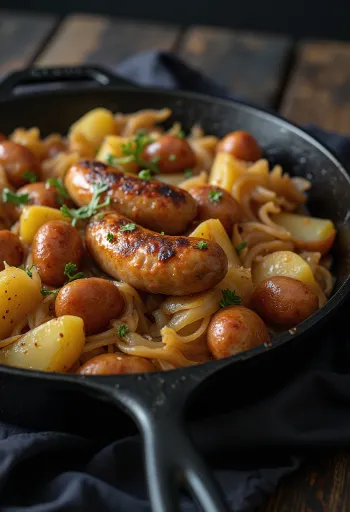 양배추와 삶은 감자를 곁들인 소시지 구이