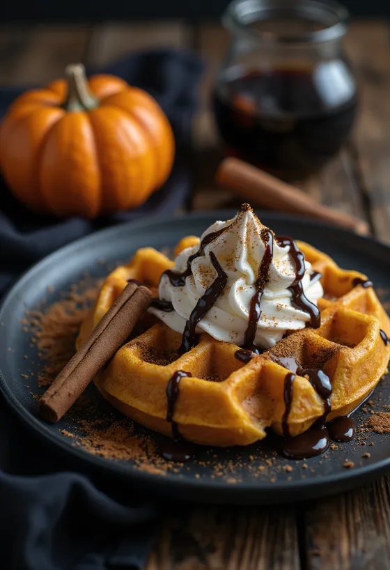 호박 퓨레와 초콜릿 소스를 곁들인 할로윈 와플