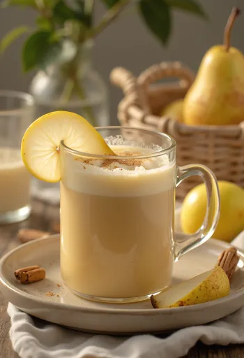 유리잔에 담긴 배 크림 사이더