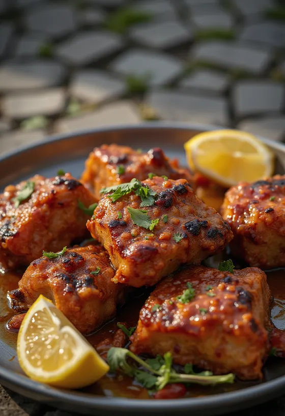 난 빵과 신선한 고수를 곁들여 제공된 탄두리 염소 고기.