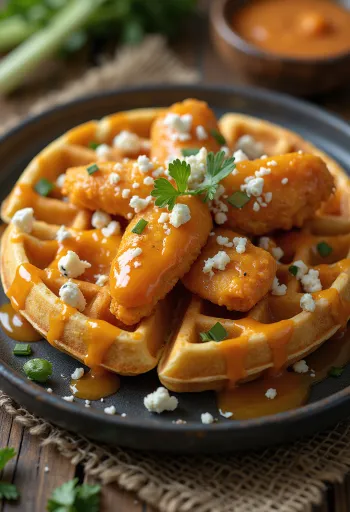 적양파, 블루 치즈, 셀러리를 곁들인 버팔로 치킨 와플