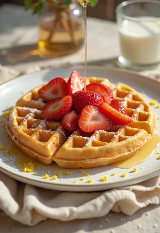 신선한 딸기와 휘핑 크림을 곁들인 부활절 와플