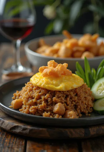 풍부한 향신료, 닭고기, 달걀을 곁들인 닭고기 나시고랭