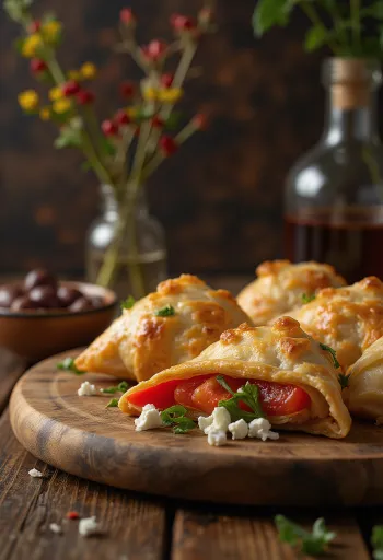 구운 파프리카와 페타 치즈 사모사 서빙