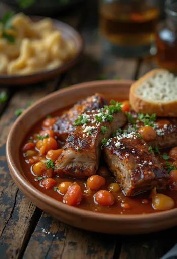 신선한 빵과 함께 제공된 레초를 곁들인 훈제 갈비