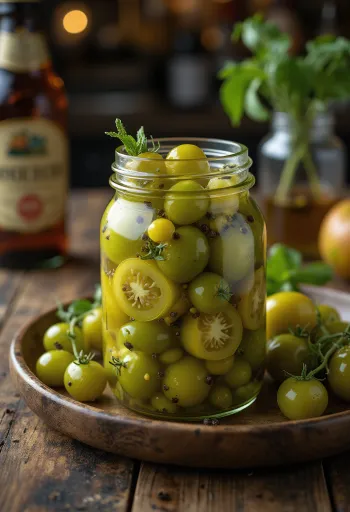 유리병에 담긴 절인 초록 토마토