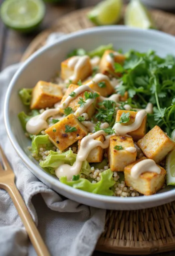 타히니 두부를 곁들인 라임 퀴노아 부다 볼 서빙 모습