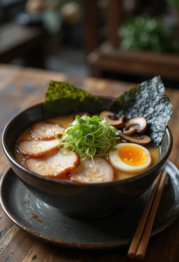 동그랗게 썬 일본식 구운 고기를 곁들인 차슈 라멘 서빙