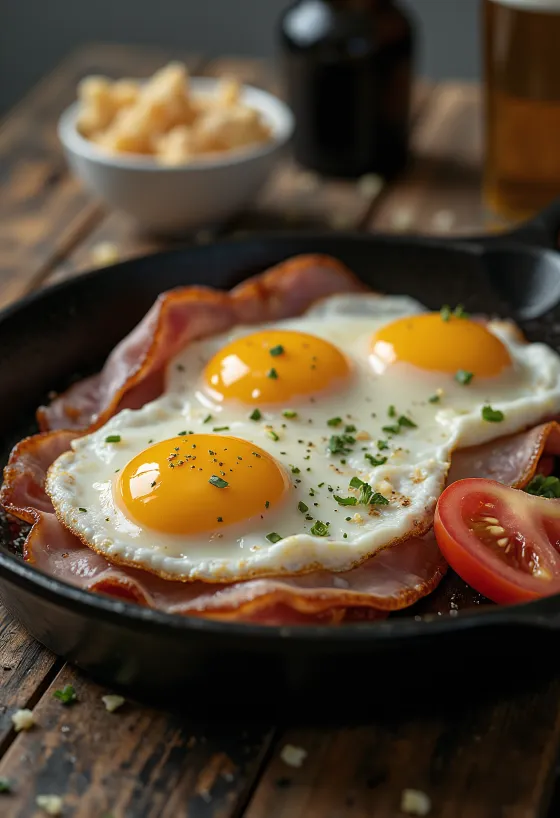 훈제 햄 달걀 프라이 서빙