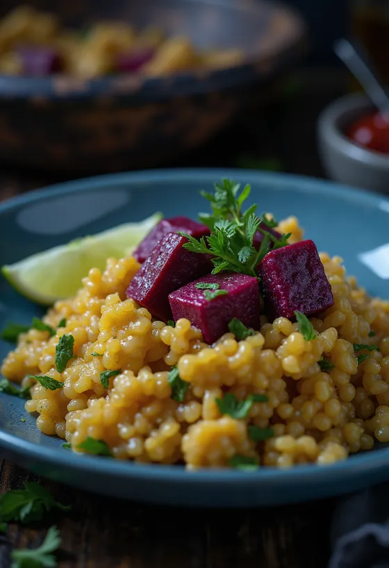 타히니와 비트 두부를 곁들인 라임 퀴노아 커리 서빙 모습