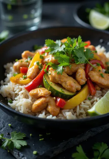 야채 밥을 곁들인 태국식 치킨