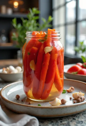 유리병에 담긴 매운 식초 붉은 파프리카 피클