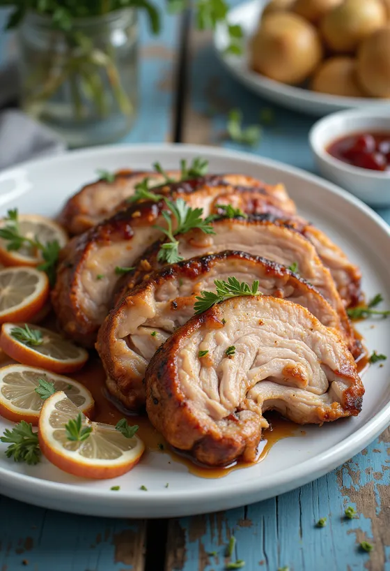 서빙된 훈제 BBQ 칠면조 가슴살