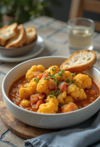 육즙 가득한 토마토 베이스의 매콤한 콜리플라워 스튜, 신선한 파슬리를 뿌린 모습.