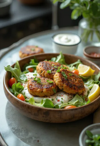 구운 고기, 신선한 야채, 요거트 드레싱을 곁들인 케밥 샐러드