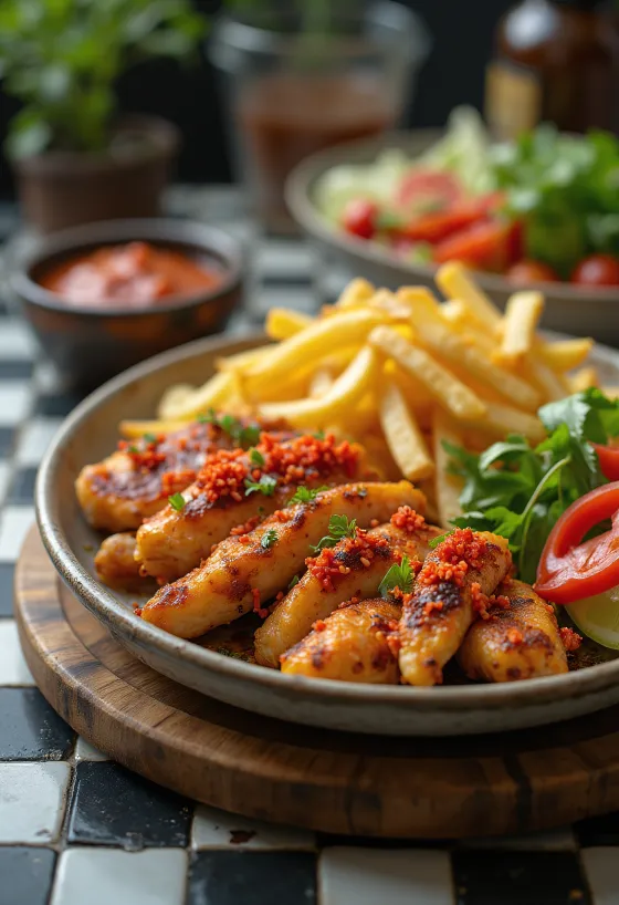 구운 고기, 채소, 칠리 소스를 곁들인 매운 기로스 플래터