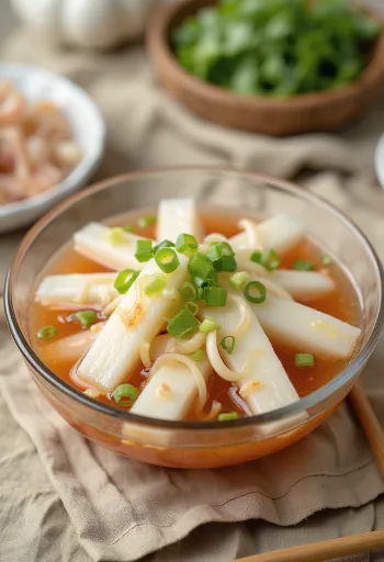 신선한 야채가 들어간 물 기반 한국 무 김치인 동치미