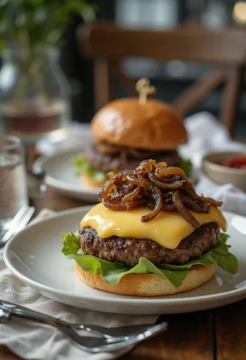 까망베르 치즈와 캐러멜라이즈드 양파가 들어간 프렌치 햄버거