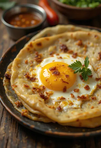 신선하게 구워 바삭한 에그 도사, 달걀 속재료와 함께 서빙