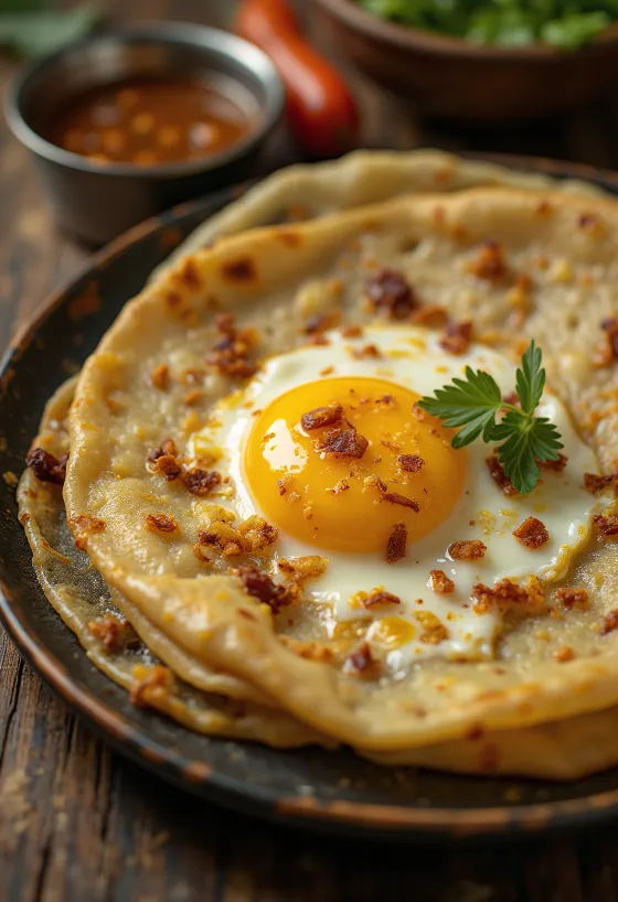 신선하게 구워 바삭한 에그 도사, 달걀 속재료와 함께 서빙